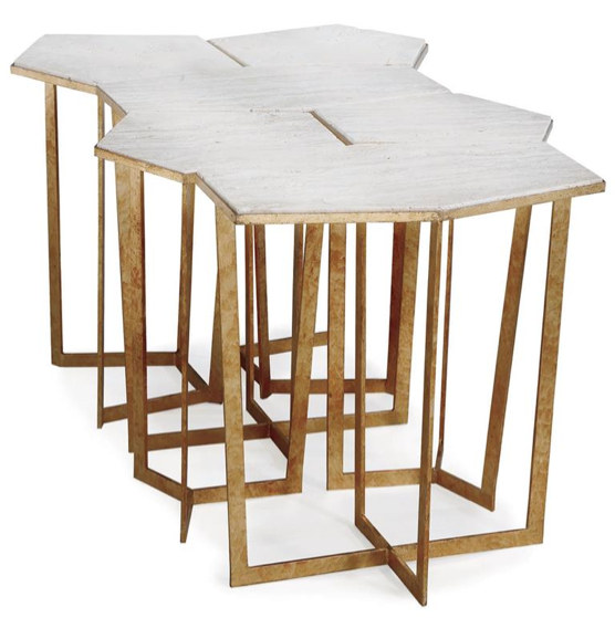 Eastwood Hollywood Regency Travertine Gold Leaf Puzzle Table Set of 6, Kathy Kuo Home 