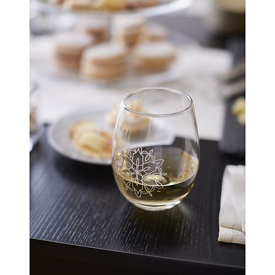 Flurry Etched Snowflake Stemless Wine Glass- Crate & Barrel